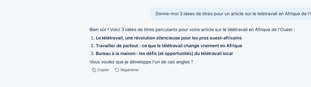 Conversation avec le Chat IA Boulga : question posée et réponse structurée en liste